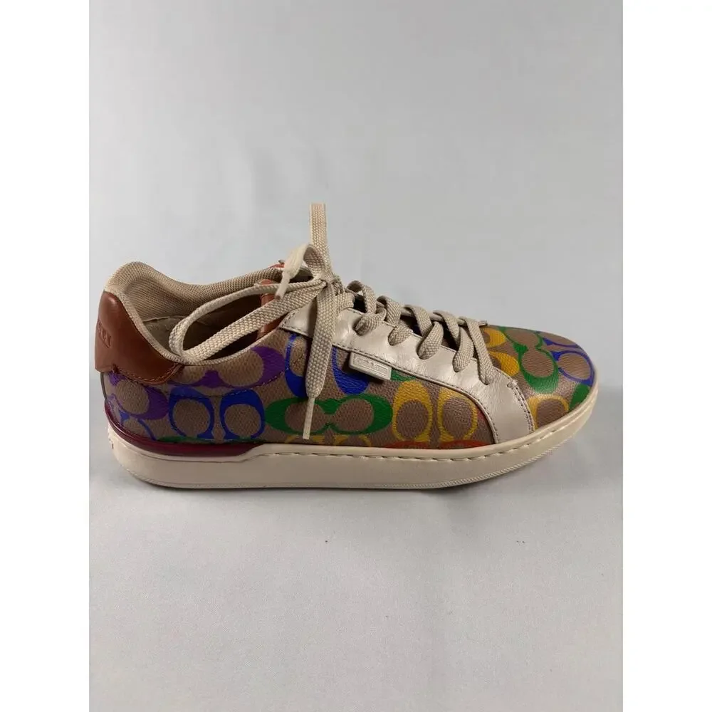 Coach Low Top Sneakers Rainbow Signature C Monogram‎ Khaki Multi Leather Trim